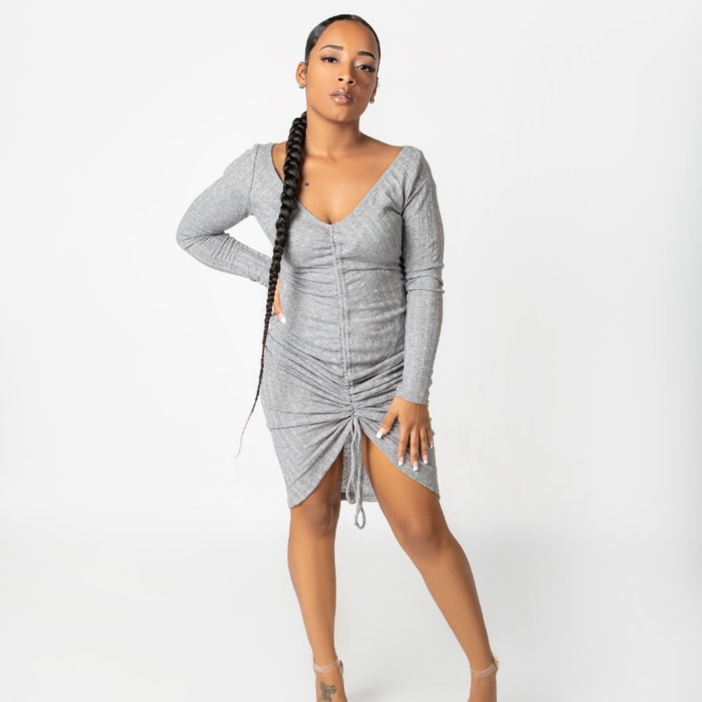 RUCHED FRONT MIDI BODYCON DRESS